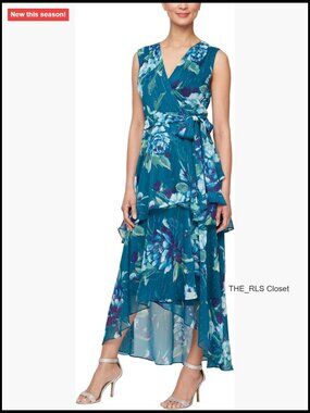 Polyester Blend Floral Print Hi-Low Hem Maxi Dress with Asymmetric Tiers